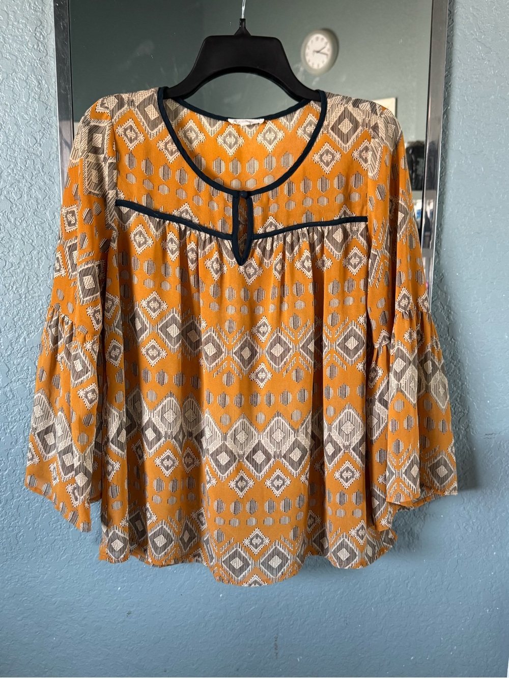 Anthropologie Mustard Geometric Peasant Blouse - Lightweight Boho Top